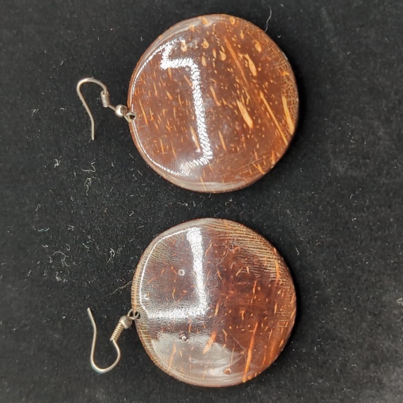 Brown Coconut Shell Focus Drop Dangle Hook Earrings - Picture 5 of 7